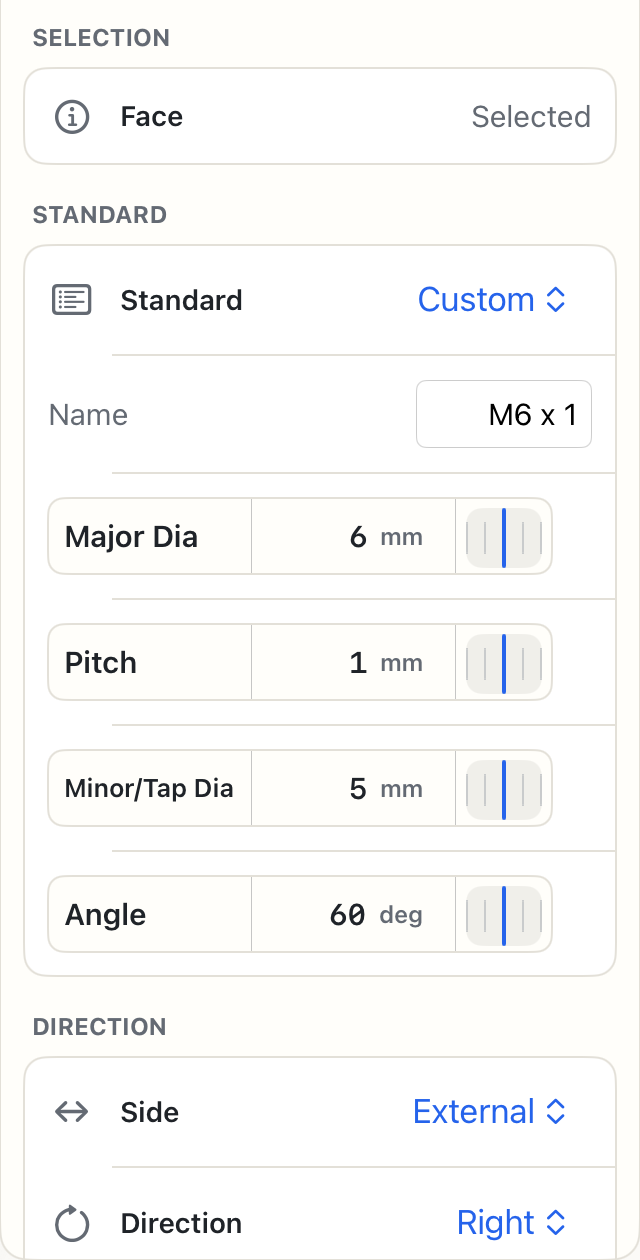 Custom thread profile fields for designation, major diameter, pitch, minor or tap diameter, and flank angle.