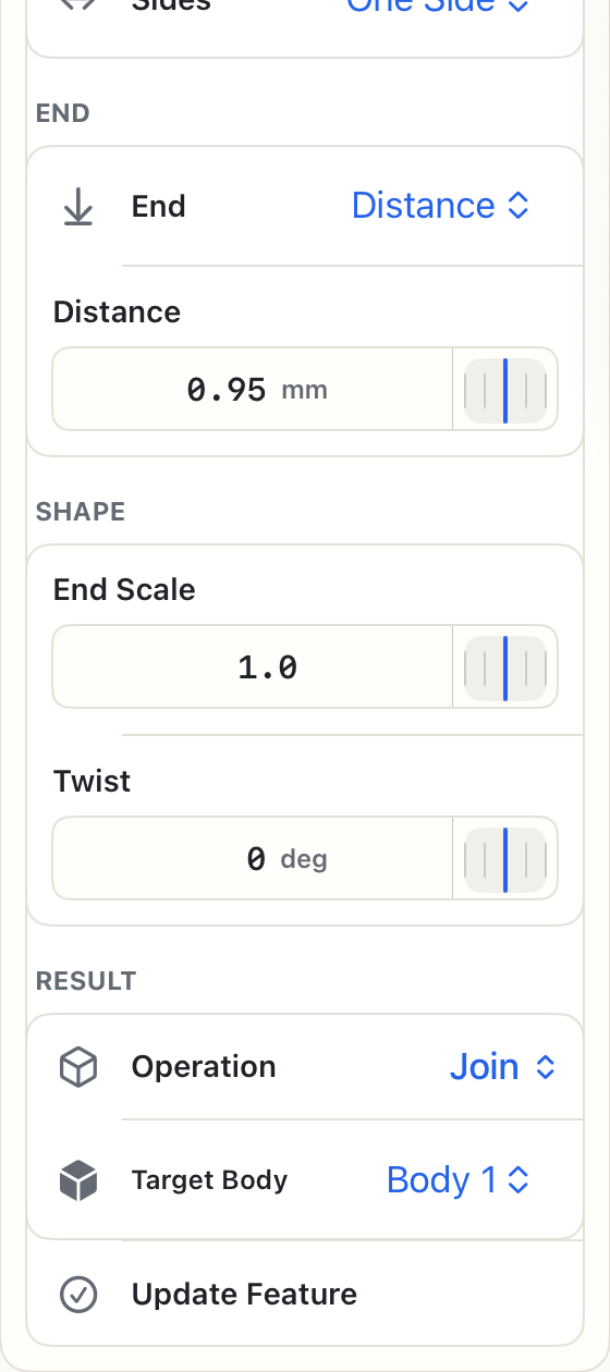 The Extrude History editor preserves labels above its numeric keypad and scrubber controls.