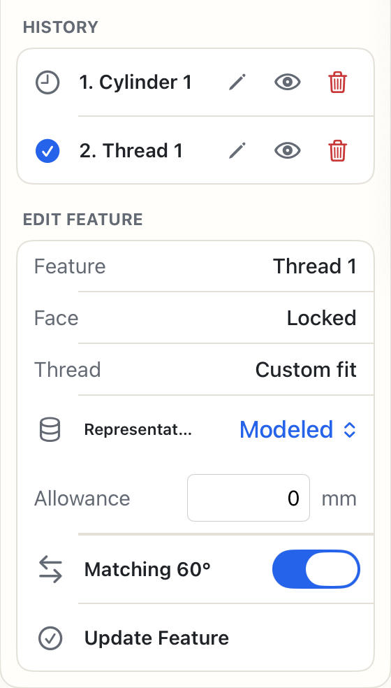 The saved Custom Thread can switch between its older V groove and matching 60° profile in History.