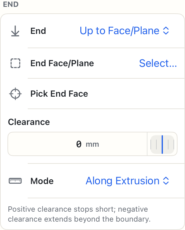 Up to Face/Plane exposes its end reference, dedicated Pick End Face control, and signed Clearance scrubber.