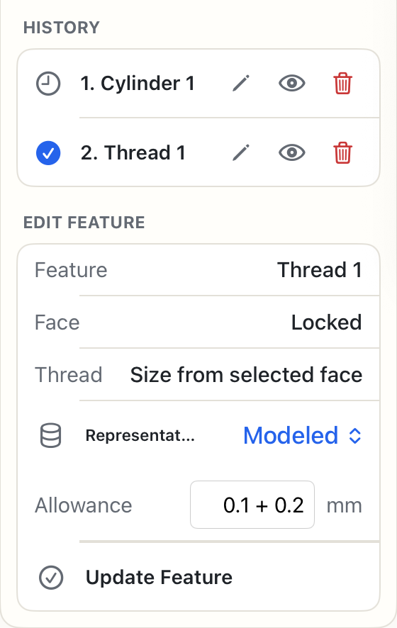 Allowance can be edited on an existing Modeled Thread in History.